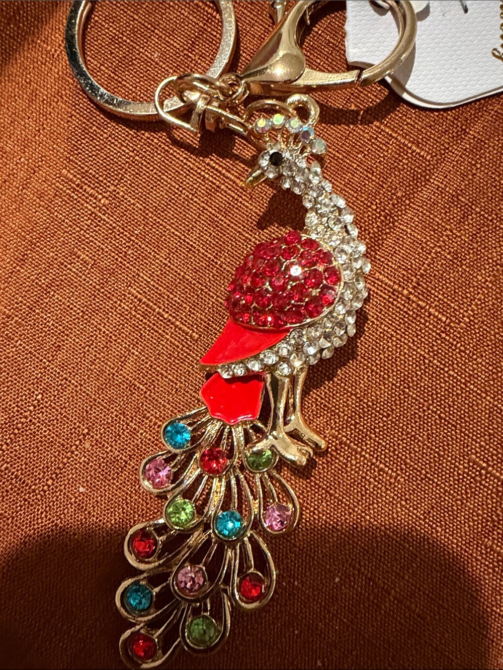 Gold-Tone Multicolor Crystal Peacock Pendant Keychain